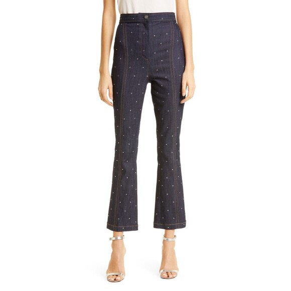 Cinq à Sept Ora All Over Rhinestone Flare Crop Denim Pants size 00 NWT